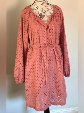 GAP Eyelet Dress Belted Long Sleeve Coral Boho Small Tall